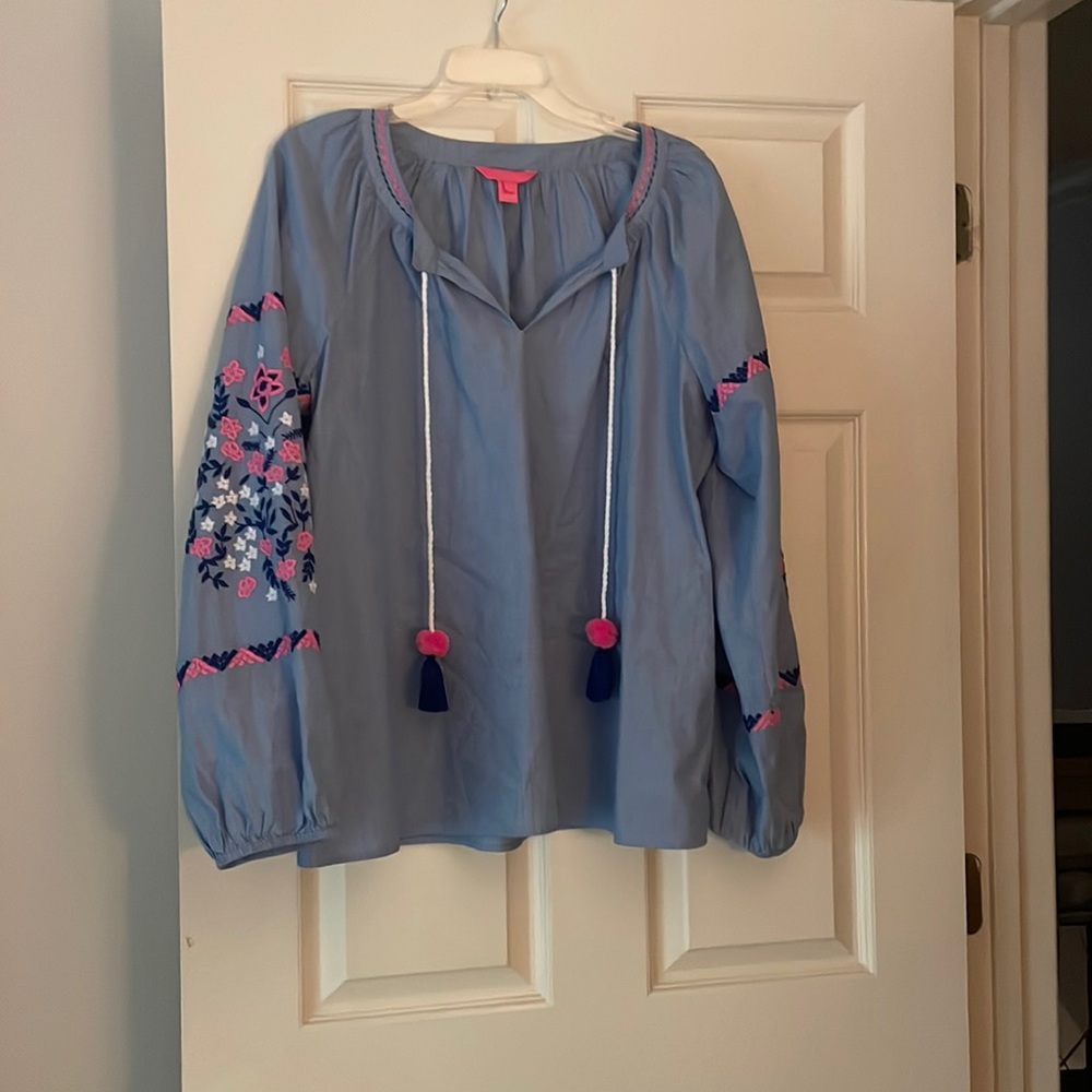 Lilly Pulitzer Blue Tunic with Pink Embroidery